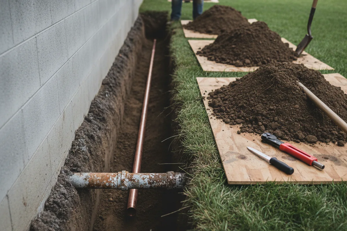 Excavated water line trench during Sewer Line Repair in Forney